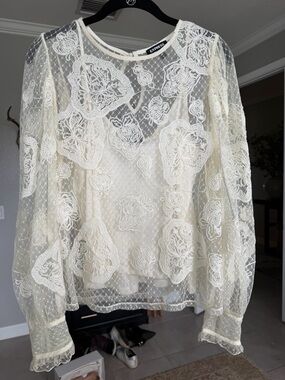 Express Ivory Sheer Lace Long-Sleeve Blouse
